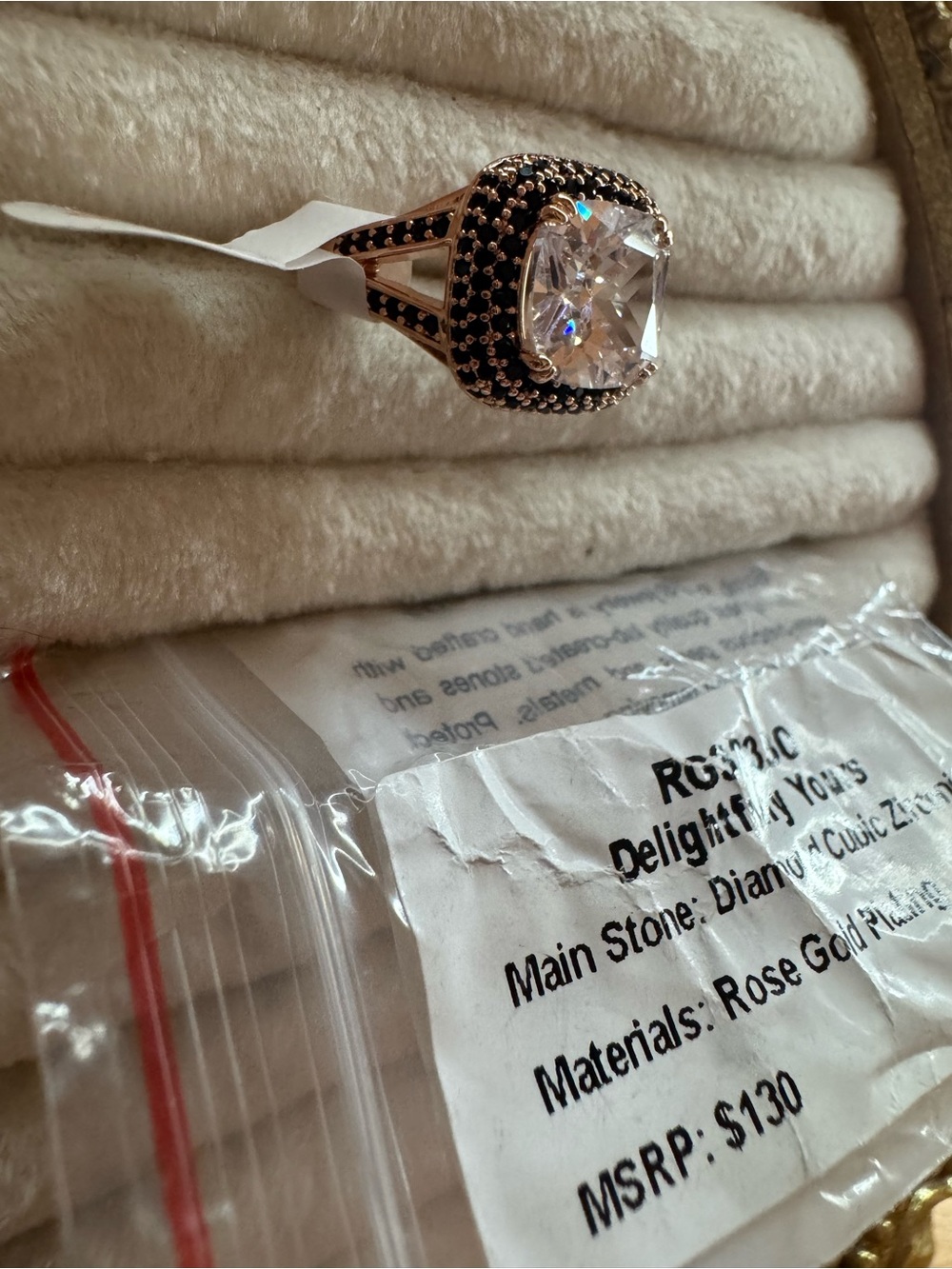 Delightfully Yours Rose Gold Cushion-Cut Halo Ring with Black Accent Stones